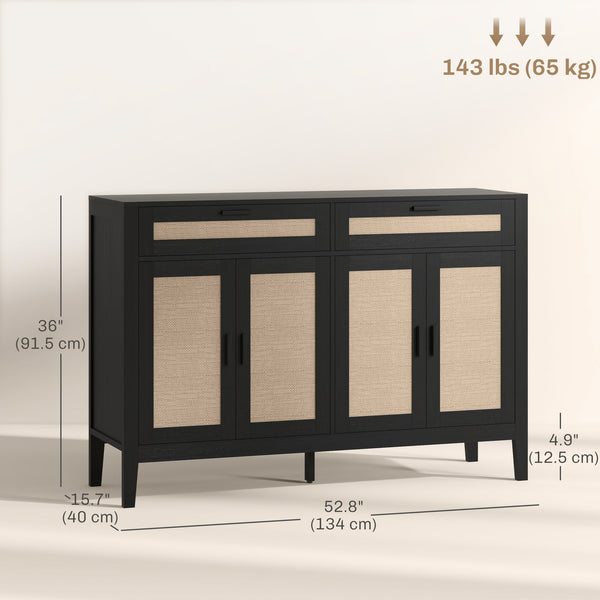 Bohemian style buffet with decorative rattan doors and drawers, black.