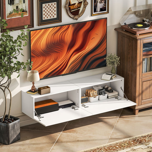 Wall-mounted TV cabinet with storage for TVs up to 65 inches, white