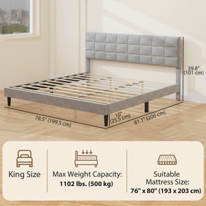 King size bed frame with upholstered headboard and wooden slats, gray