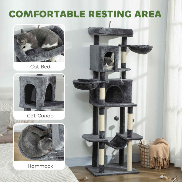 69-inch Multi-Level Cat Tree with 2 Condos, Plush Perch and Scratching Posts, Dark Gray