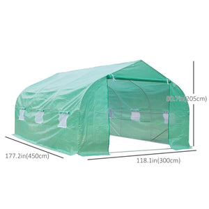 Garden tunnel greenhouse with roll-up door and 6 screened windows, steel frame, green