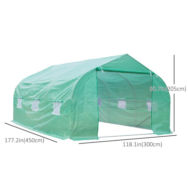 Garden tunnel greenhouse with roll-up door and 6 screened windows, steel frame, green