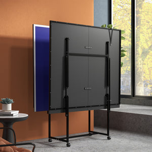 Full-size ping pong table with net, paddles, balls and wheels, blue