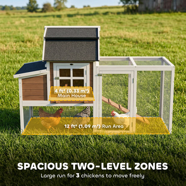 Wooden chicken coop with run, removable tray, nest box and waterproof asphalt roof