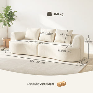 Three-seater sofa in chenille without frame, wide seat, spring cushions, high-density foam, 3 cushions, cream white