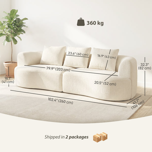 Three-seater sofa in chenille without frame, wide seat, spring cushions, high-density foam, 3 cushions, cream white