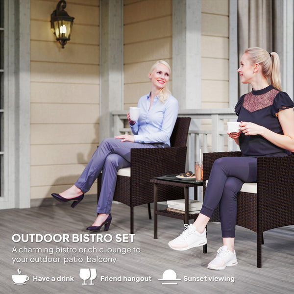 3 Piece Garden Furniture Set with Two Tier Glass Table and Cushions, Beige