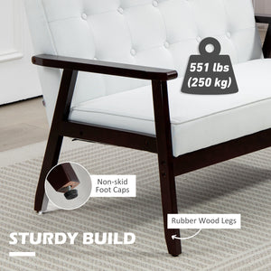 Modern upholstered 2 seater sofa with tufted back and wooden legs, cream white