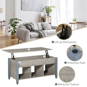 Lift-up coffee table with hidden compartment and 3 lower shelves, grey