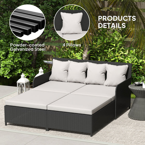 Outdoor rattan sun lounger with soft cushions, 4 pillows, curved backrest and armrests, light grey