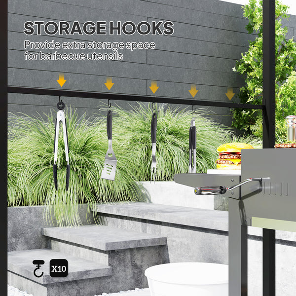 Barbecue shelter with steel frame and hooks, burgundy red