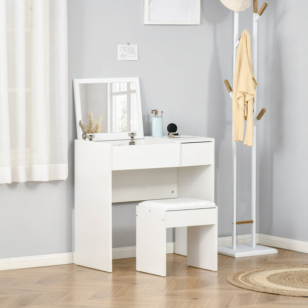 Modern dressing table with folding mirror and padded stool, white