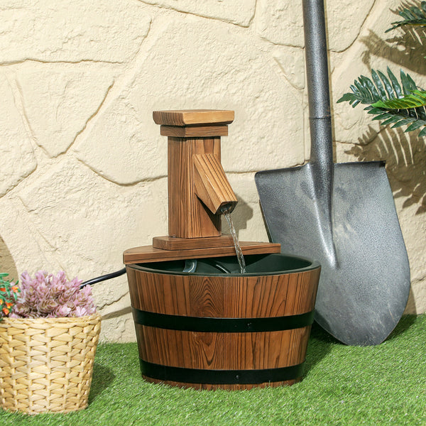 Outdoor cascading fountain, wooden barrel
