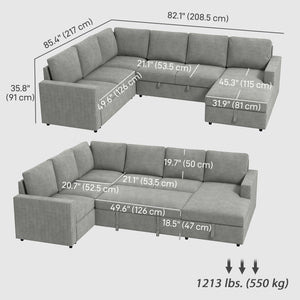Sofa bed with hidden storage, chaise longue, velvet upholstery, gray