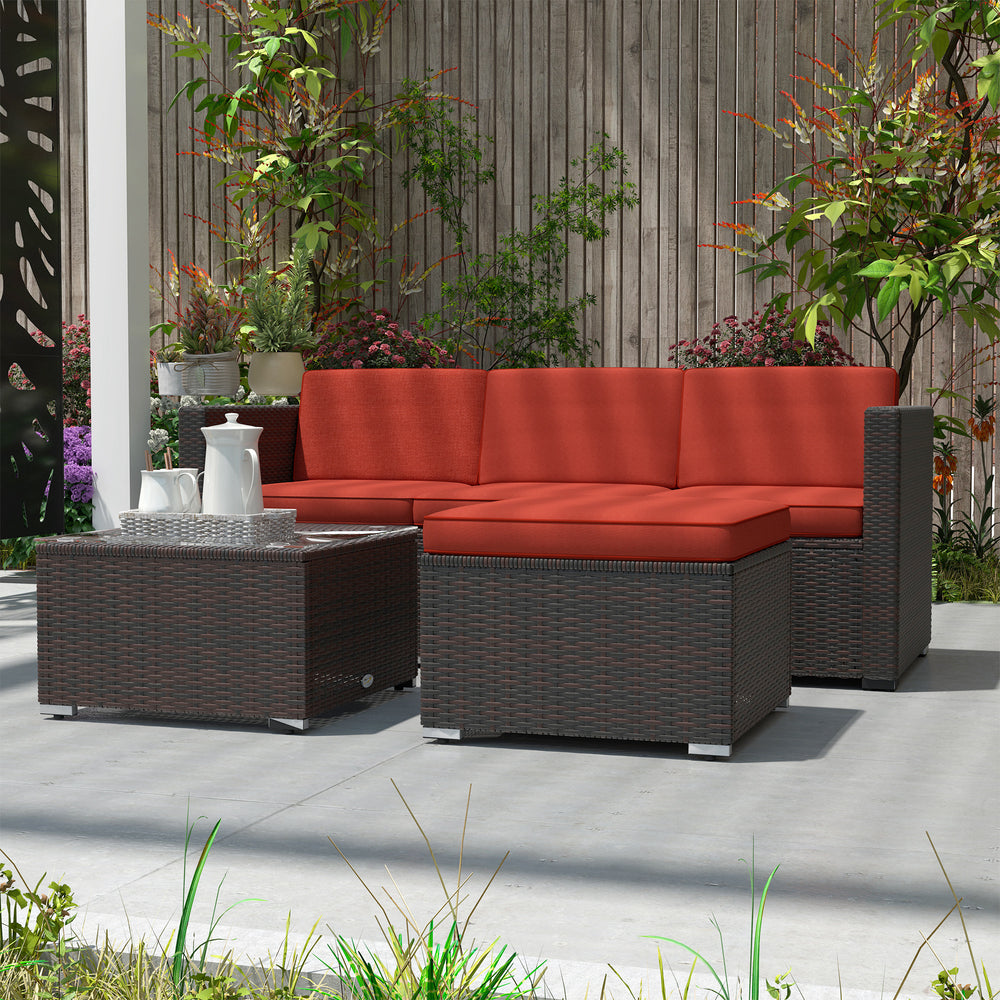 Ensemble de mobilier de jardin avec canapés d’angle et coussins rouges moelleux, parfait pour terrasse, balcon ou patio