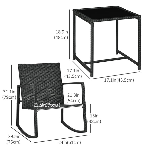 3-Piece Wicker Rocking Bistro Set with Glass Coffee Table, Blue