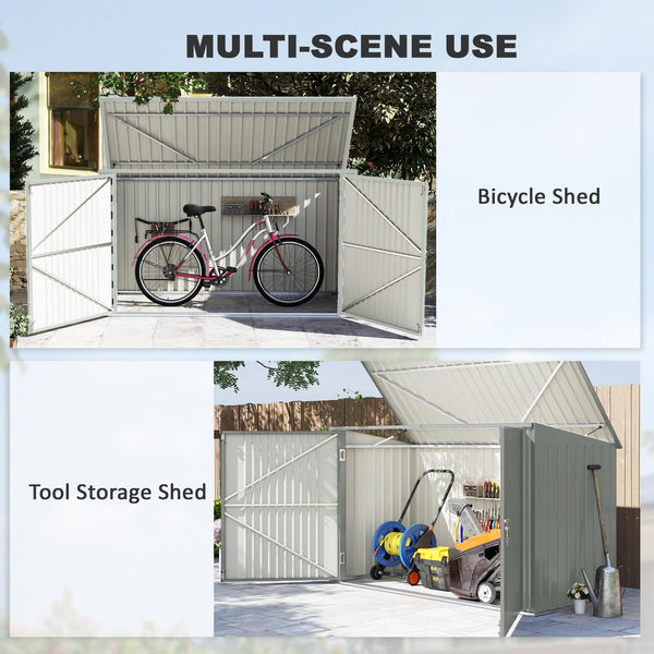 Garden shed with 3 bin compartments, double lockable door and hinged lid, silver grey 