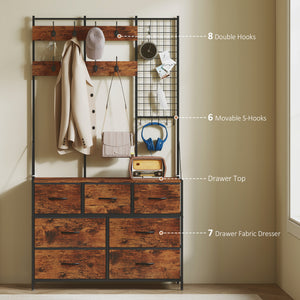 4-in-1 Coat Rack with Fabric Chest of Drawers, Rustic Brown 