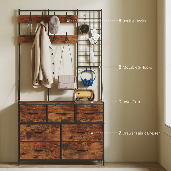4-in-1 Coat Rack with Fabric Chest of Drawers, Rustic Brown 
