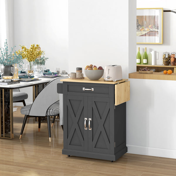Foldable Kitchen Island with Storage Drawer, Farmhouse Style Rolling Utility Cart with Drop-Leaf Wood Top, Black