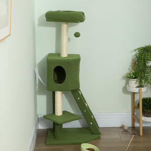119cm high cat tree with niche, ladder, scratching posts and hanging ball, green