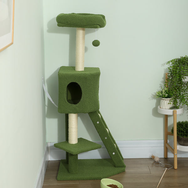 119cm high cat tree with niche, ladder, scratching posts and hanging ball, green
