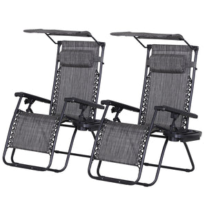 Set of 2 Outdoor Zero Gravity Chairs with Side Tray and Cup Holder, Reclining Lounge Chair with Breathable Mesh Fabric Seat, Pillow, Dark Grey