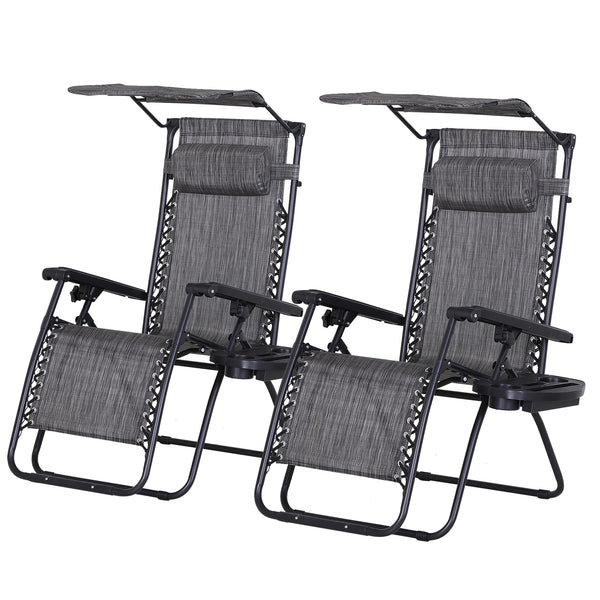 Set of 2 Outdoor Zero Gravity Chairs with Side Tray and Cup Holder, Reclining Lounge Chair with Breathable Mesh Fabric Seat, Pillow, Dark Grey