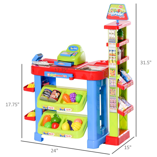 Supermarket set with cash register, 50 pieces, scanner, shelves