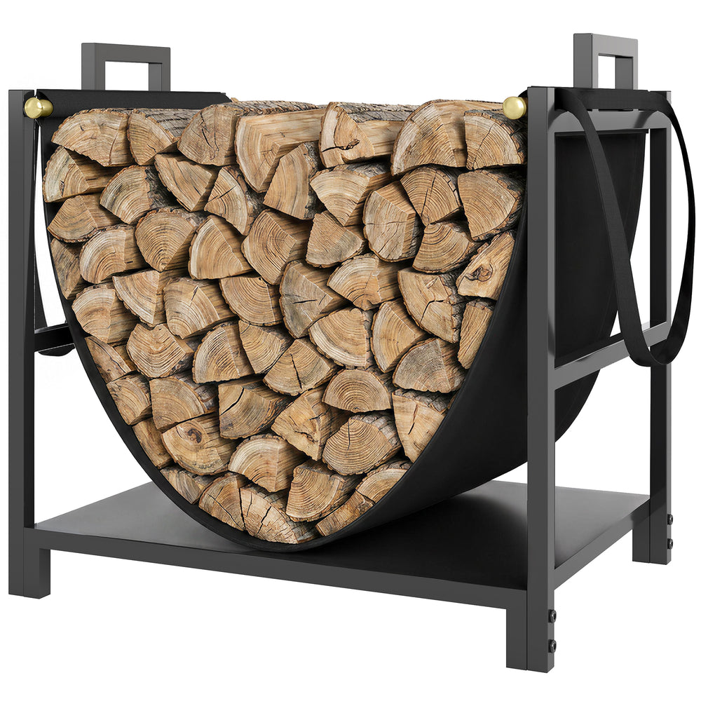 Compact steel firewood rack with carrying bag, black