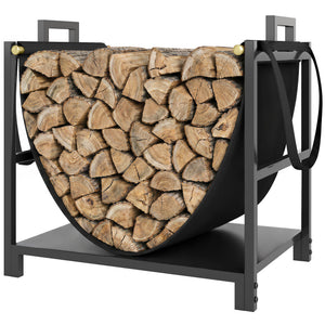 Compact steel firewood rack with carrying bag, black