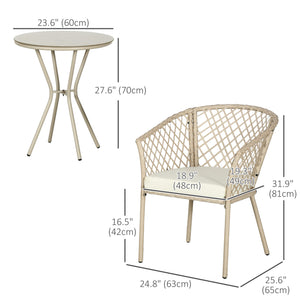 3-piece outdoor bistro set in PE rattan with seat cushions and glass table, beige