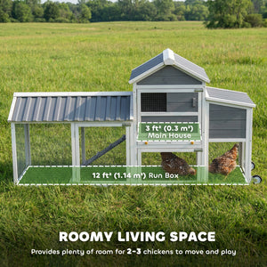 Mobile chicken coop on wheels with wooden run, nesting box, tray and access ramp
