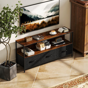 Furniture with charging station, 3 foldable linen drawers and open shelf for a 55-inch TV, rustic brown