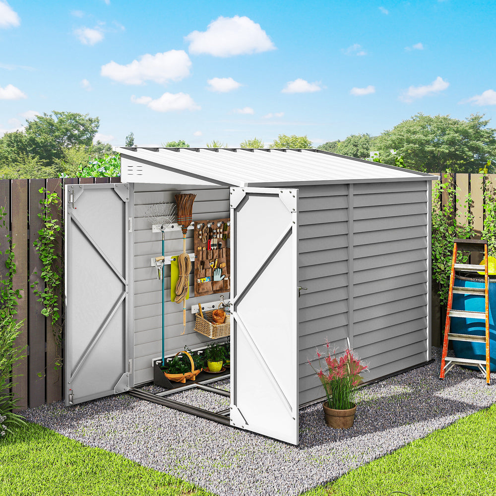 Lean-to steel garden shed with foundation kit, lockable doors and 2 vents, white