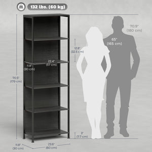 5-tier bookcase with LED lighting and black metal frame.