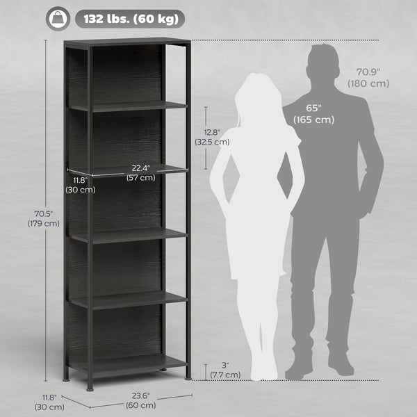 5-tier bookcase with LED lighting and black metal frame.