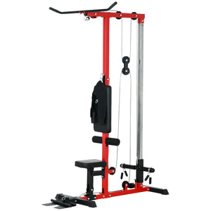 Vertical row machine with adjustable seat and retractable footrest, red