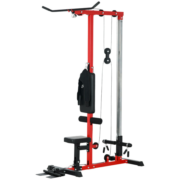 Vertical row machine with adjustable seat and retractable footrest, red