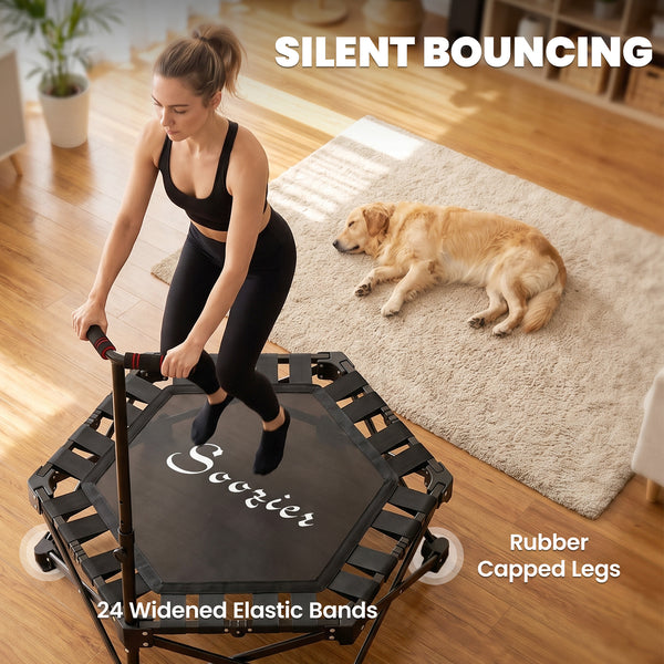 Foldable mini trampoline with adjustable support bar and 400 lb capacity