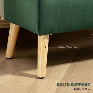 Storage ottoman with velvet upholstered lid and wooden legs, dark green