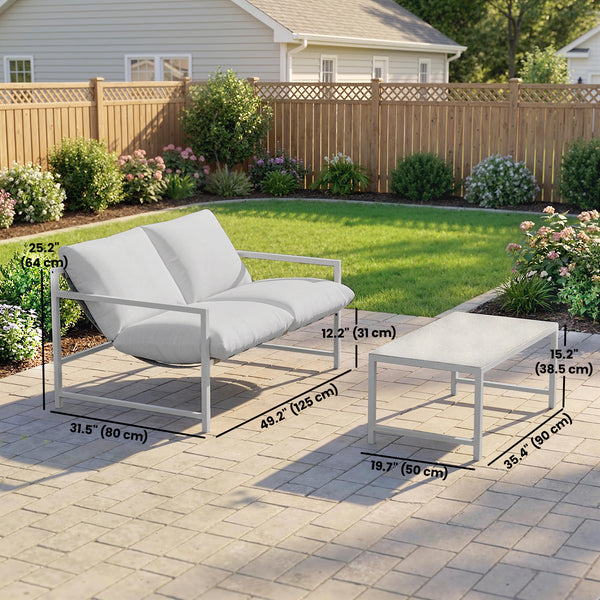 2-Piece Patio Furniture Set with Thick Cushions and Coffee Table, Light Gray