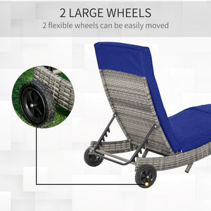Adjustable wicker resin chaise lounge with cushion and wheels, dark blue 