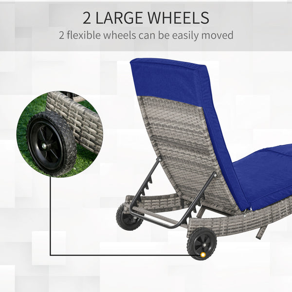 Adjustable wicker resin chaise lounge with cushion and wheels, dark blue 