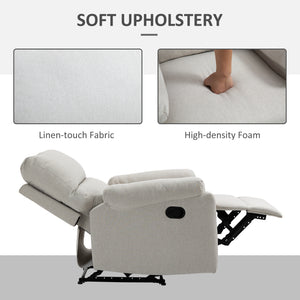 Manual recliner chair with footrest and upholstered seat, cream white