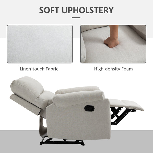 Manual recliner chair with footrest and upholstered seat, cream white