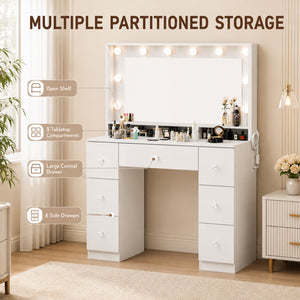 Vanity Table with 10 Dimmable LED Lights and Charging Station, White