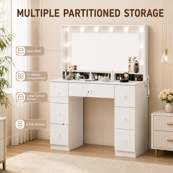 Vanity Table with 10 Dimmable LED Lights and Charging Station, White