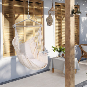 Hanging macrame cotton hammock with two soft cushions, cream white