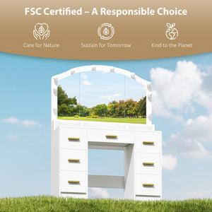 Dressing table with mirror and 10 LED lights, 3 adjustable colors, 7 drawers, 3 compartments, white